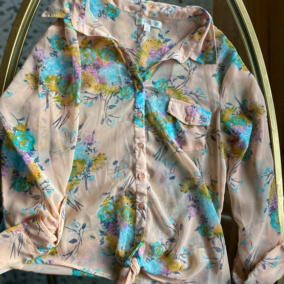 Floral Button Down Blouse for Spring with Tie bottom - Picture 1 of 5